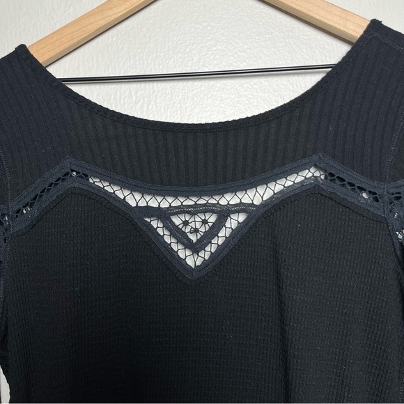 Free People Women Top Small Black Witchy Goth Lace Cutout Long Sleeve Waffle - Picture 4 of 6